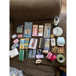 Lot of 36 New/Vtg Sewing Notions, Supplies, Buckles,Buttons Tape, Clasps, Ribbon